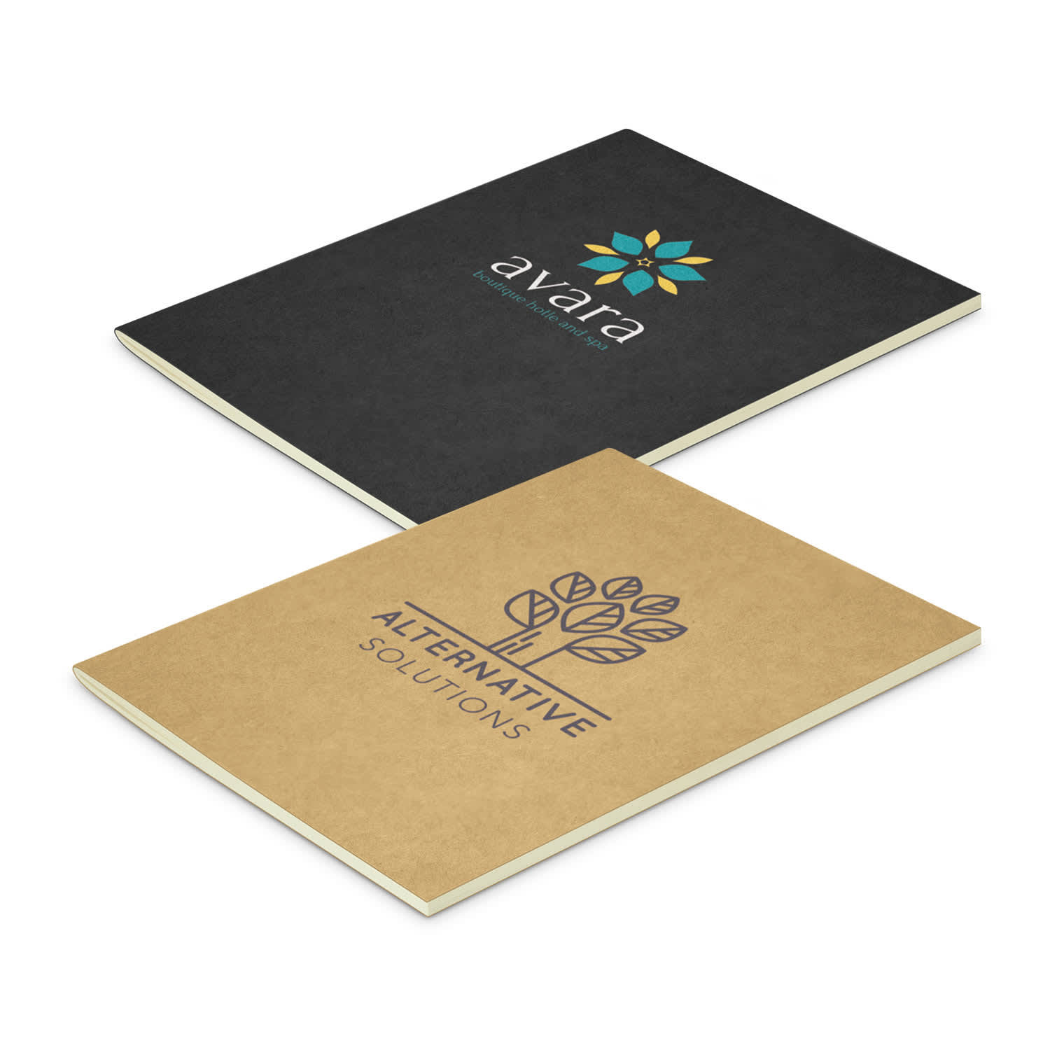 A small notebook featuring a black cover with a logo and a brown cover with a logo, showcasing a minimalist design. Kora Notebook - Small - Image 1