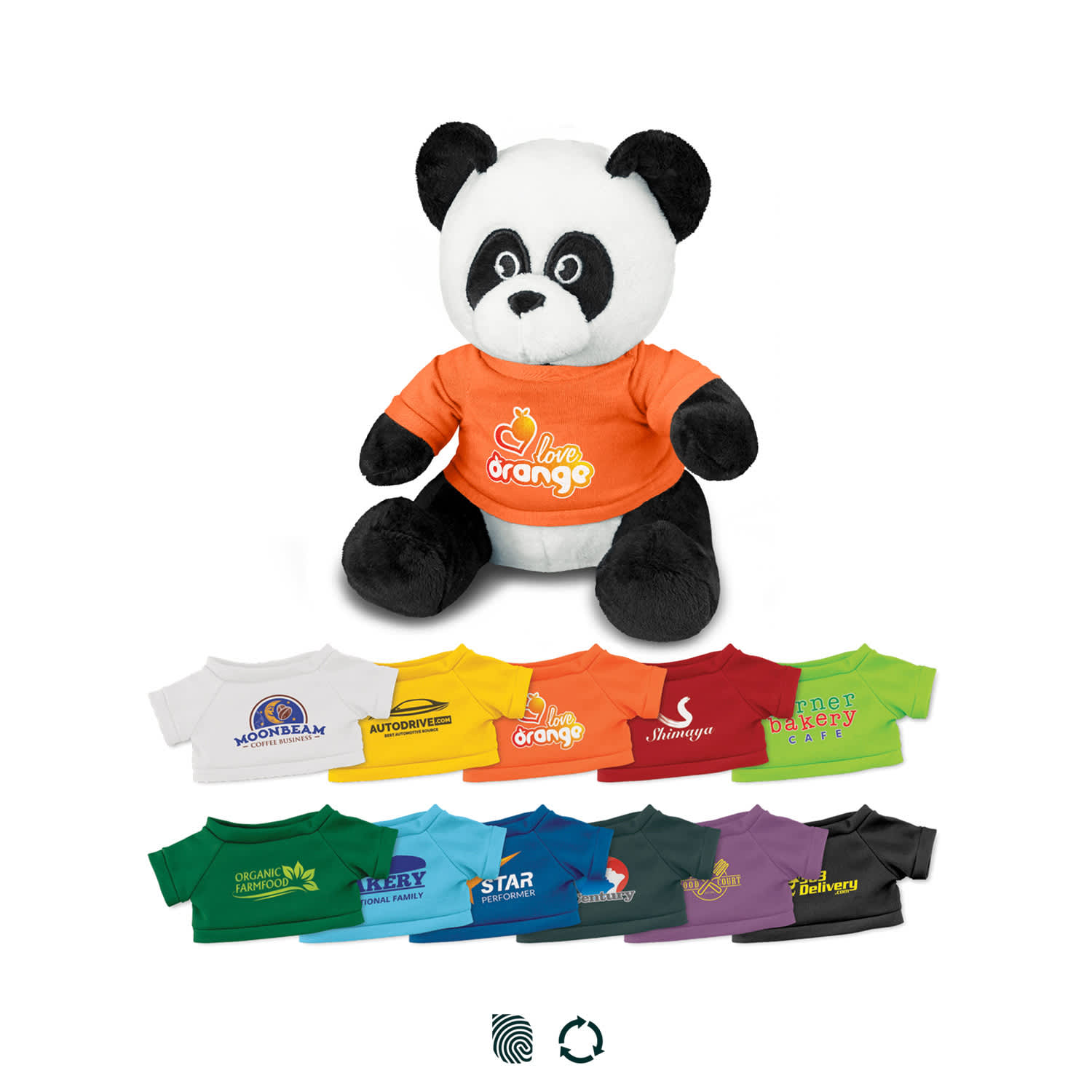 A plush panda toy wearing an orange T-shirt with a logo, surrounded by various miniature T-shirts in different colours. Panda Plush Toy - Image 1