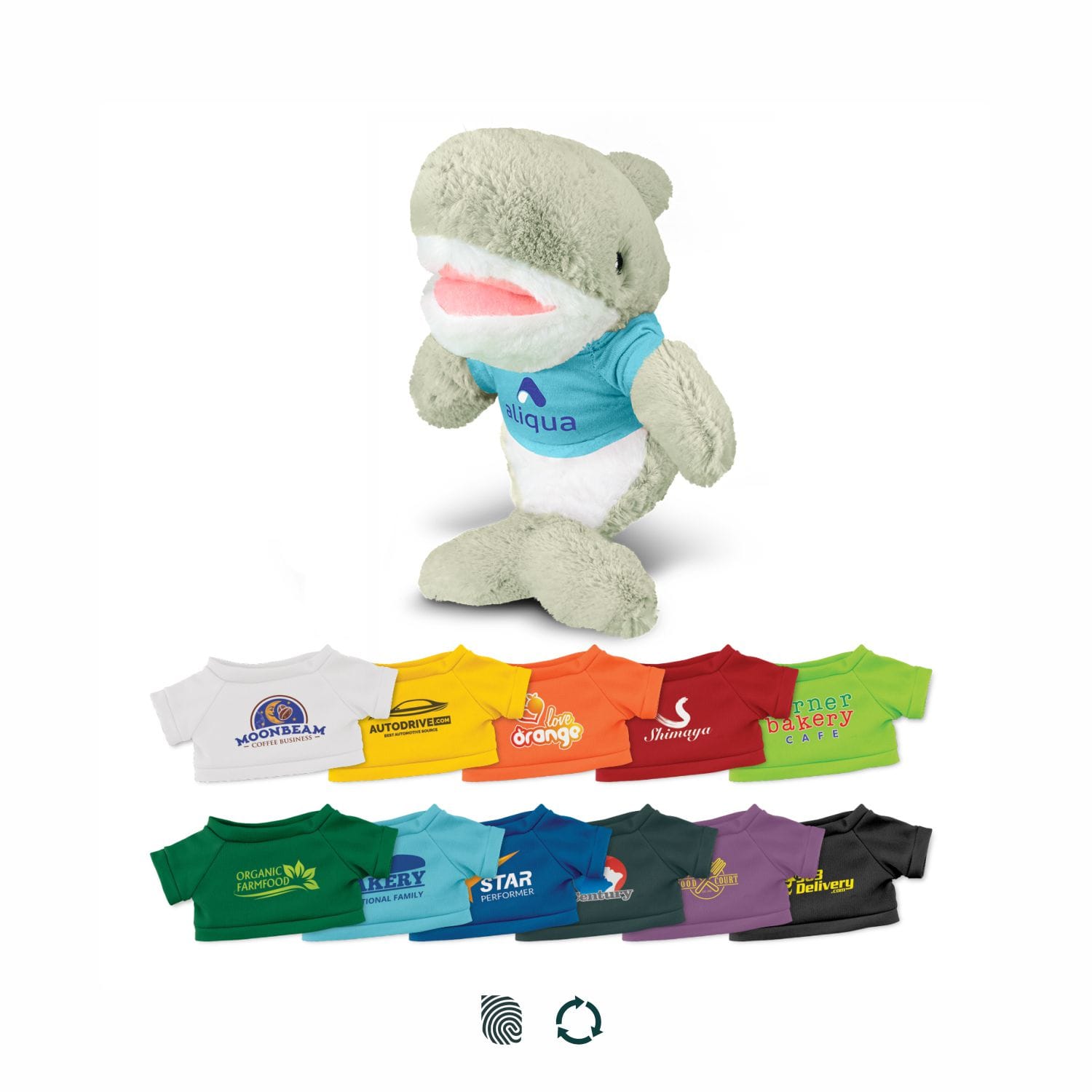 A light green shark plush toy wearing a blue shirt, with various colourful shirts displayed below. Shark Plush Toy - Image 1
