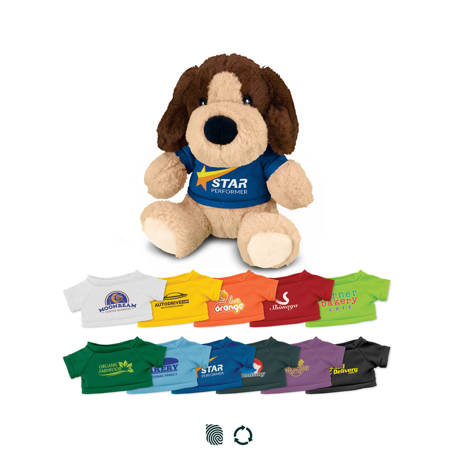 A plush dog toy with brown and tan fur, wearing a blue shirt, accompanied by various colourful shirt designs below. Dog Plush Toy - Image 1