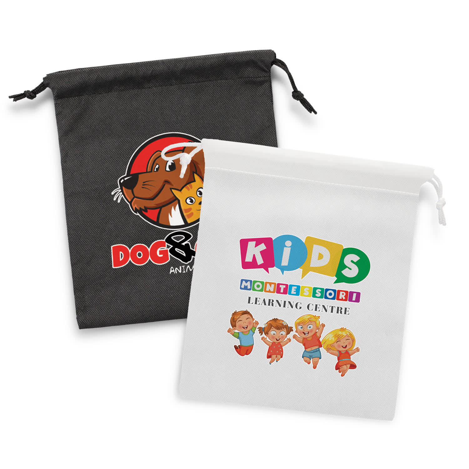 A medium drawstring gift bag in black and white with colourful graphics and logos. Each bag features a drawstring closure. Drawstring Gift Bag - Medium - Image 1