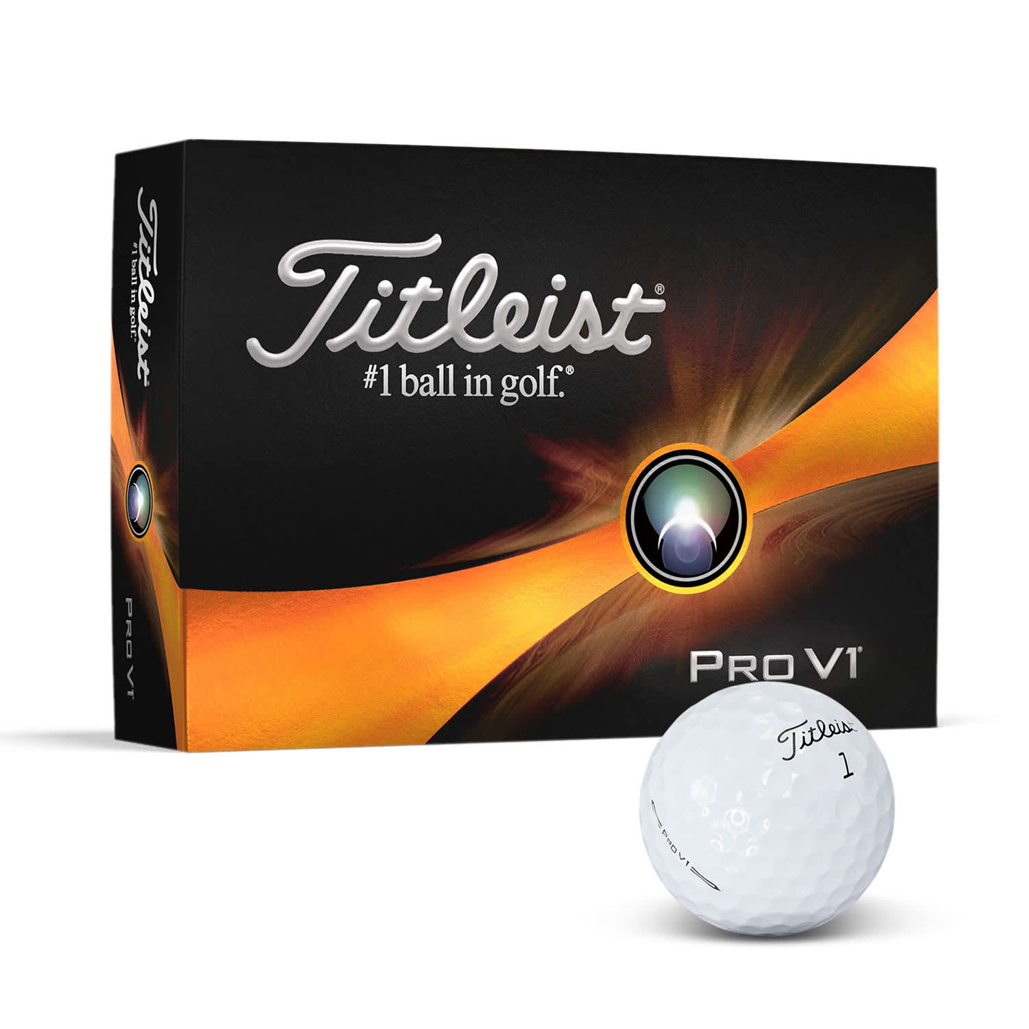 A white Titleist Pro V1 golf ball beside a black and orange box featuring a logo. Titleist Pro V1 Golf Ball - Image 1