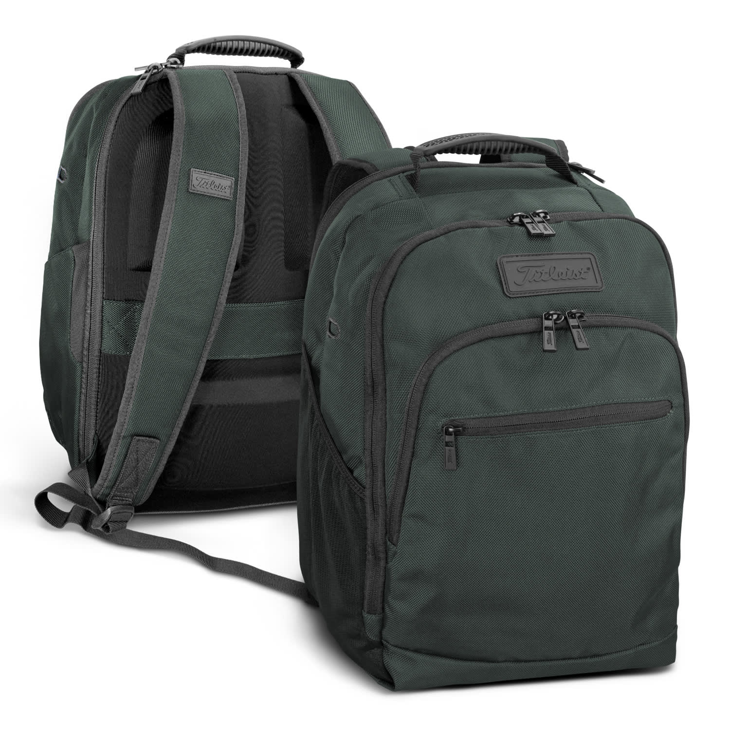 A green backpack with multiple compartments, featuring padded straps and a logo. Titleist Players Backpack - Image 1