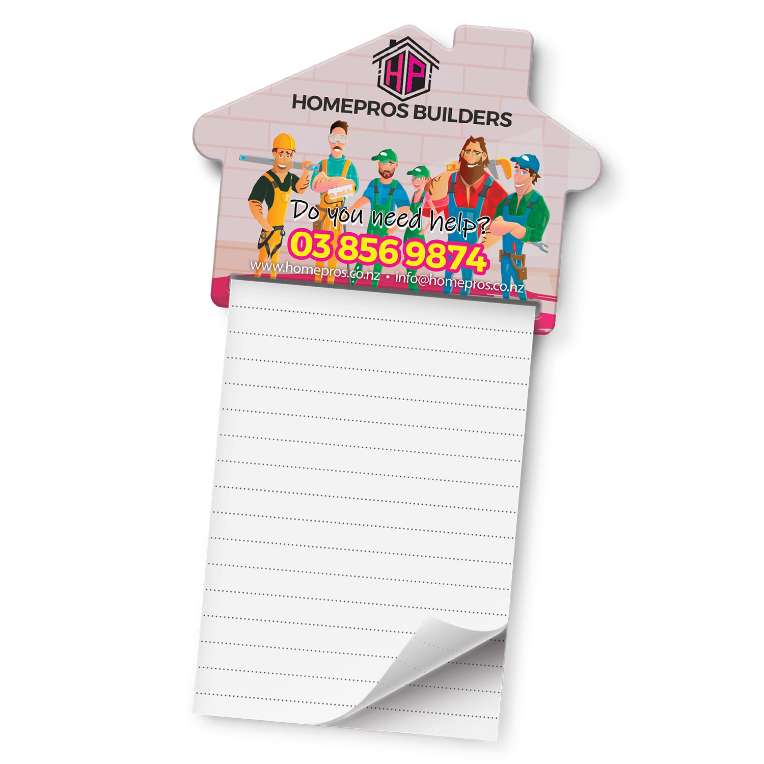 A magnetic memo pad shaped like a house, featuring a colourful graphic and lined pages for notes. Magnetic House Memo Pad - A7 - Image 1