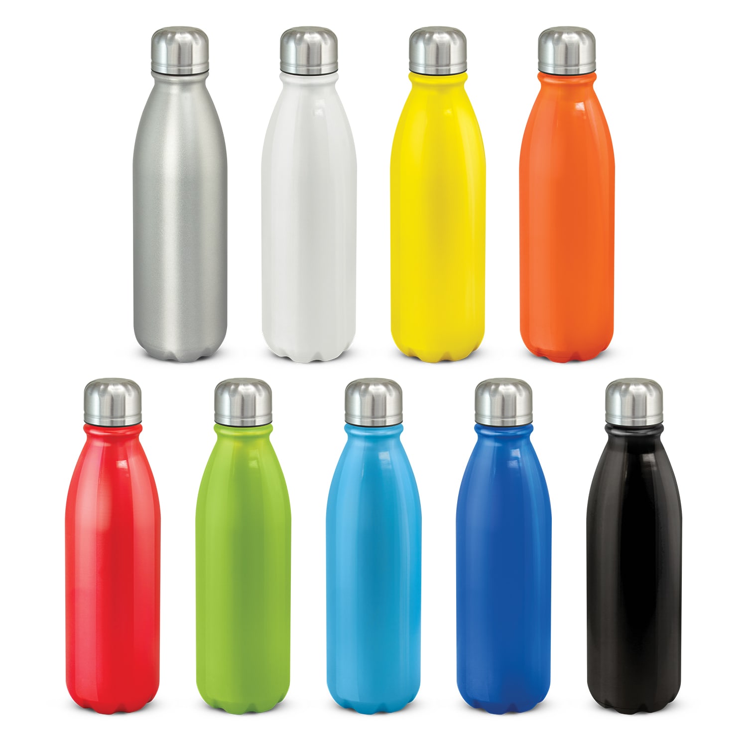 A drink bottle collection featuring metallic silver, white, yellow, orange, red, green, blue, and black options with metallic caps. Mirage Aluminium Bottle - Image 1