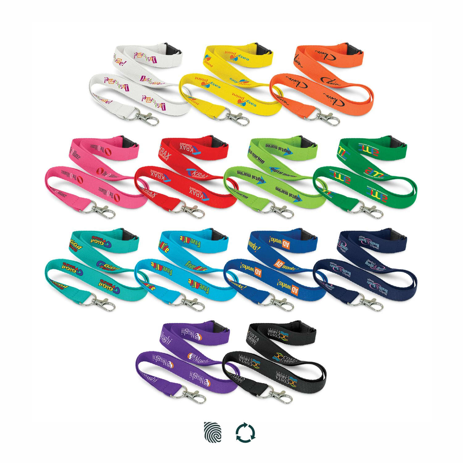 A collection of RPET lanyards in various colours including pink, yellow, green, and blue, featuring different logos. RPET Lanyard - Image 1