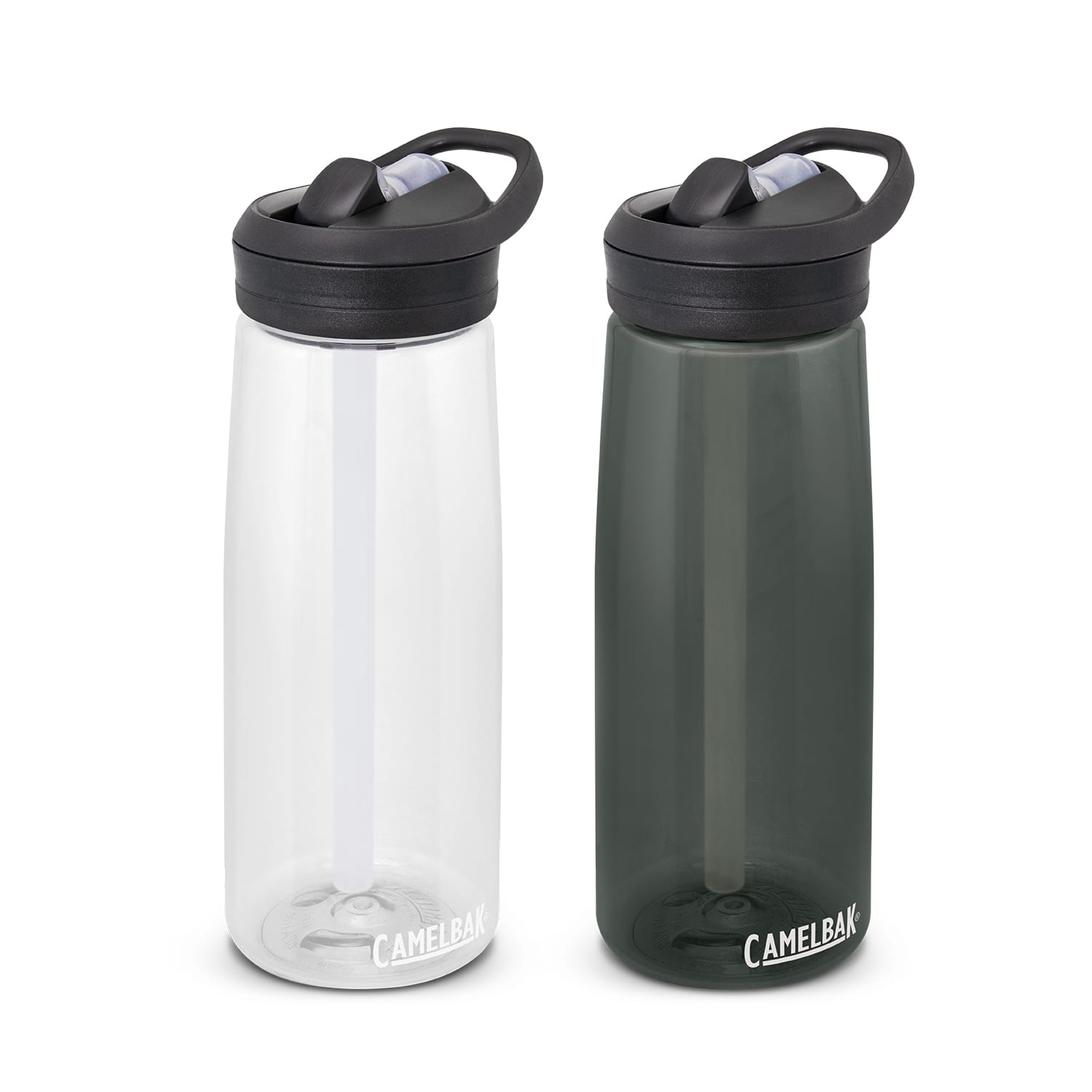A drink bottle set featuring a clear and an olive green CamelBak Eddy+ Bottle, both with black lids and branding. CamelBak Eddy+ Bottle - 750ml - Image 1