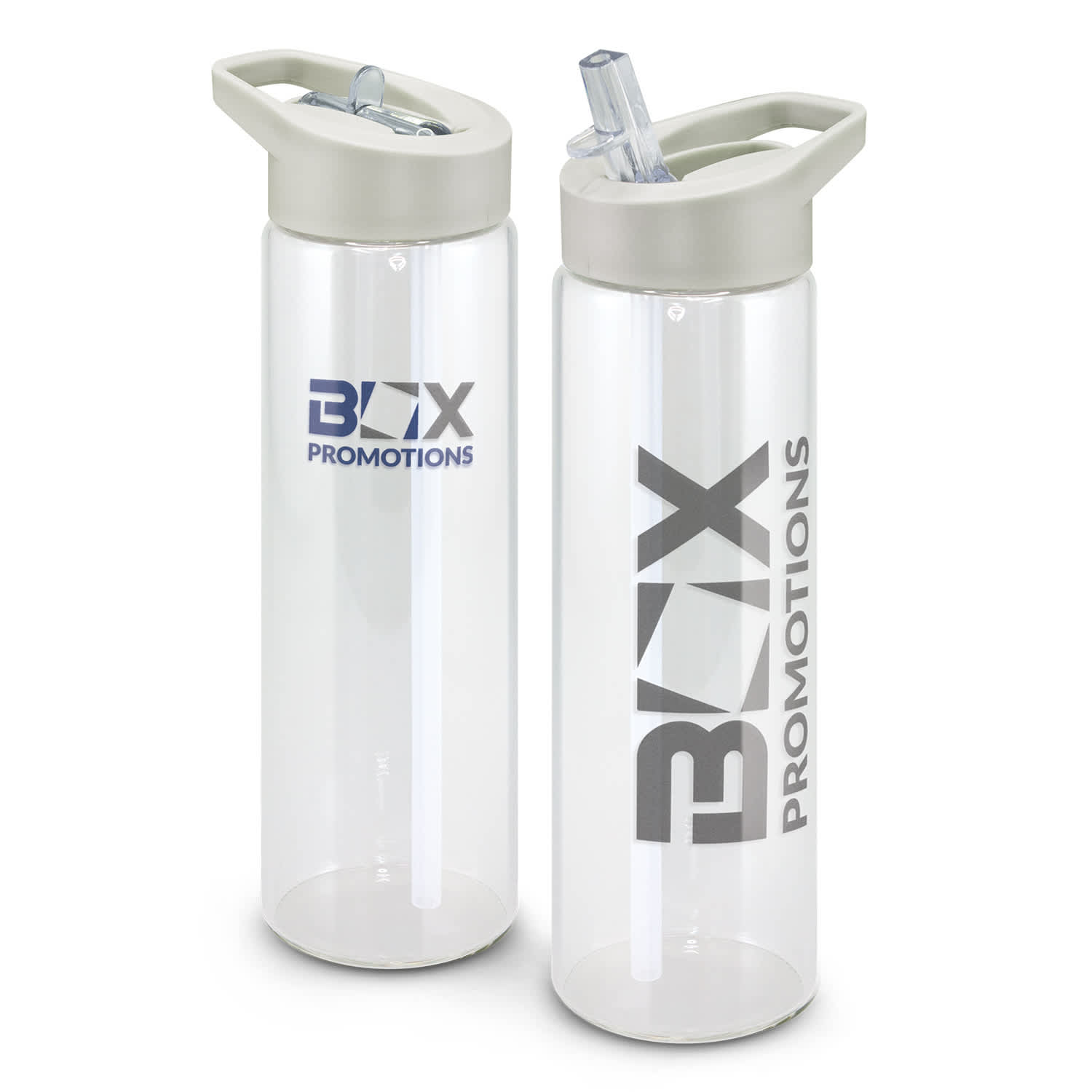 A drink bottle made of clear glass with a grey lid and straw, featuring a logo on the side. Elixir Glass Bottle - Image 1