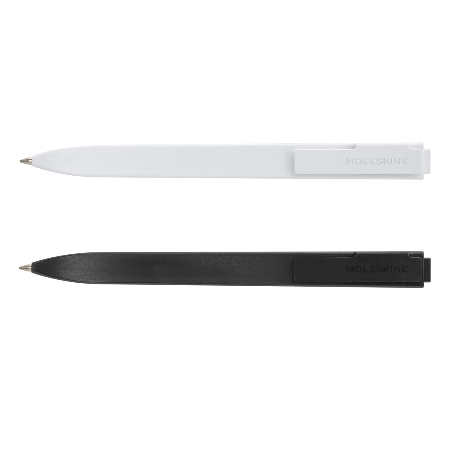 Two Moleskine Go Pens displayed in white and black, featuring a clip and a branding logo. Moleskine Go Pen - Image 1
