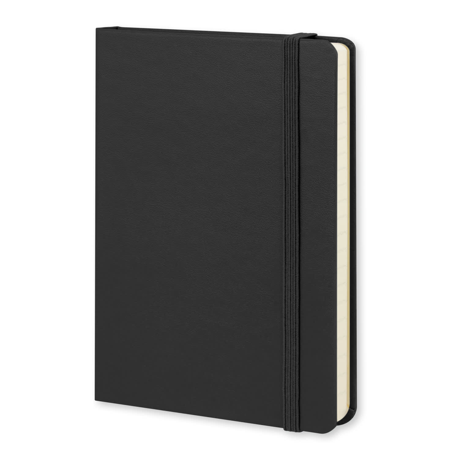 A black hard cover notebook with an elastic closure, featuring blank pages and a textured finish. Moleskine Pro Hard Cover Notebook - Large - Image 1