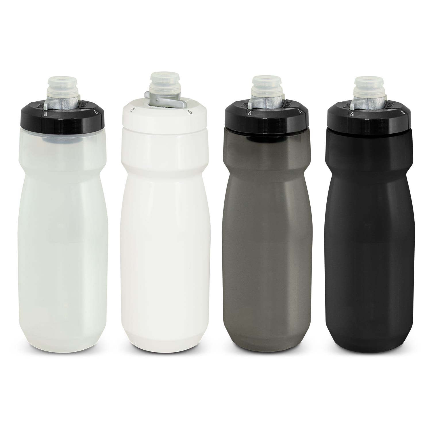 A drink bottle collection in clear, white, grey, and black, featuring a top spout and a logo. CamelBak Podium Bike Bottle - 700ml - Image 1