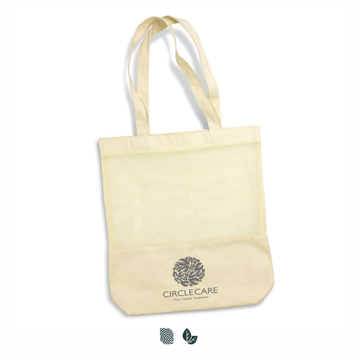 A cream cotton tote bag featuring a mesh panel and a logo on the lower section. It has two shoulder straps. Laurel Cotton Tote Bag - Image 1