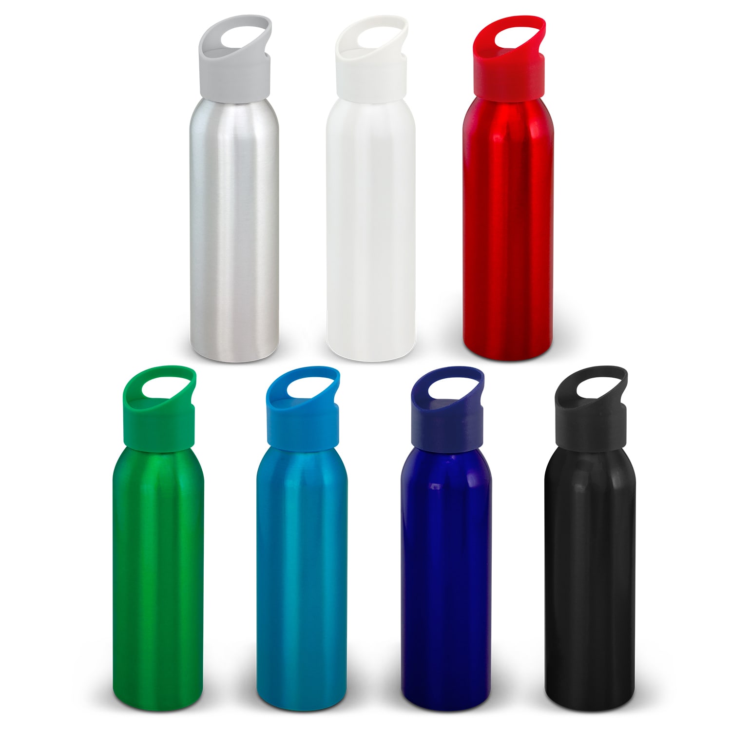 A drink bottle collection featuring aluminium bottles in silver, white, red, green, blue, and black with a sporty cap design. Eclipse Aluminium Bottle - Image 1
