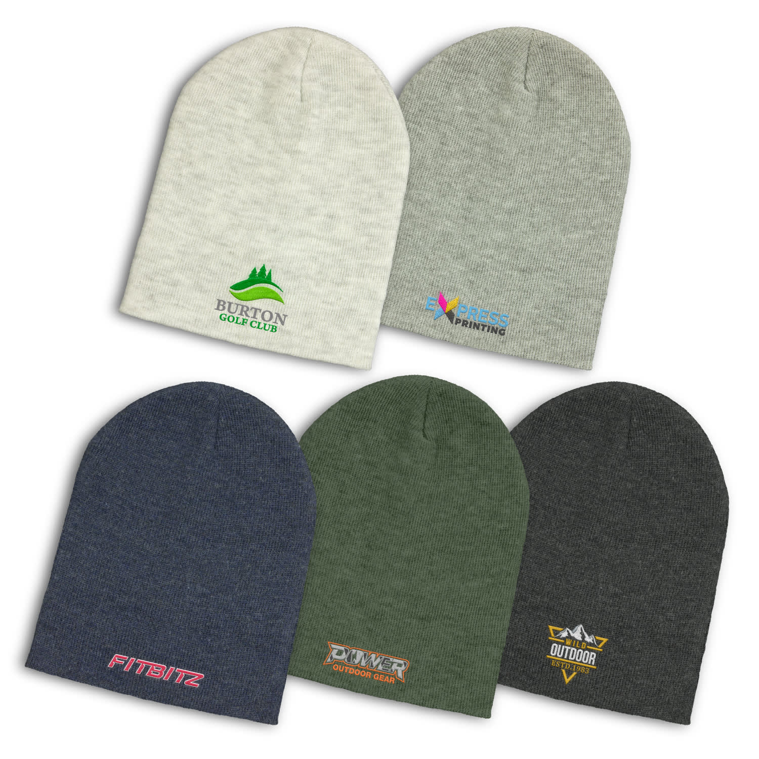 A collection of Heather Slouch Beanies in grey, navy, green, and dark charcoal, featuring various logos. Heather Slouch Beanie - Image 1