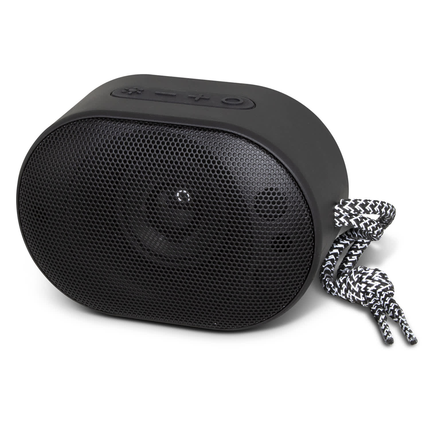 A black outdoor Bluetooth speaker with a mesh front and a patterned strap. It features control buttons on top. Terrain Outdoor Bluetooth Speaker - Image 1