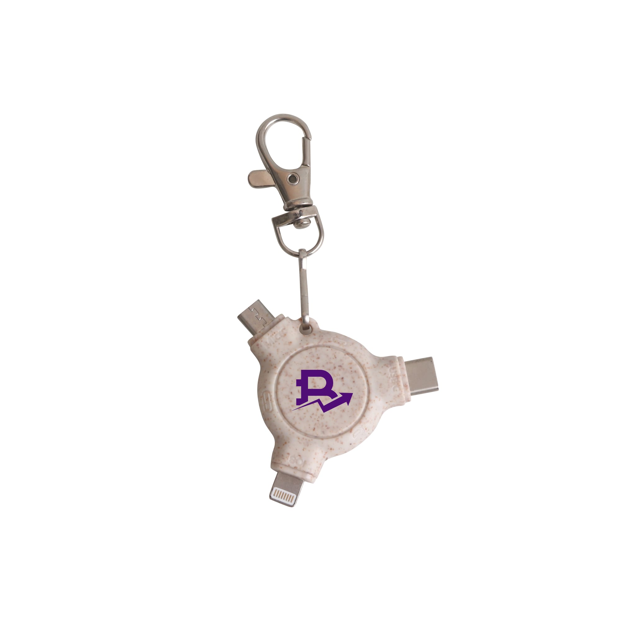 A wheat straw data blocker in white, featuring a keyring and multiple charging connectors. Includes a logo. 3-In-1 Wheat Straw Data Blocker with Keyring - Image 1