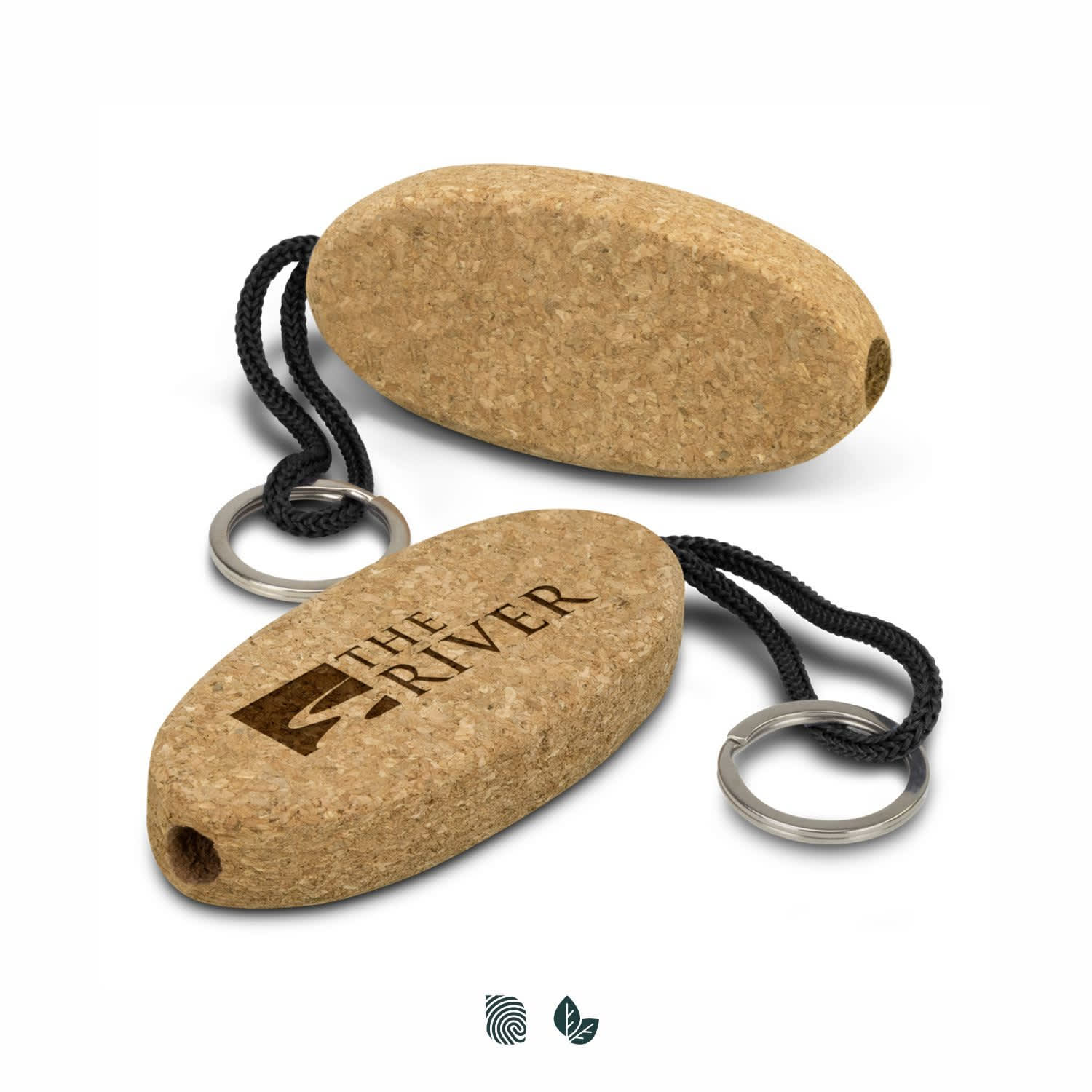 A cork floating key ring in a natural beige colour, featuring a keychain loop and a logo. Cork Floating Key Ring - Image 1