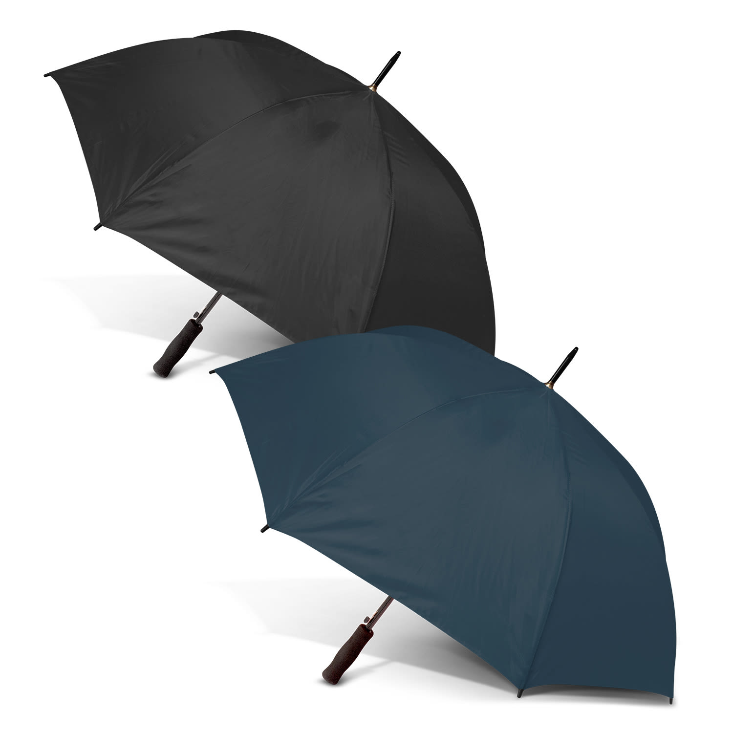 Two umbrellas, one in black and one in dark teal, featuring a curved handle and a branding logo. Pro-Am Umbrella - Image 1