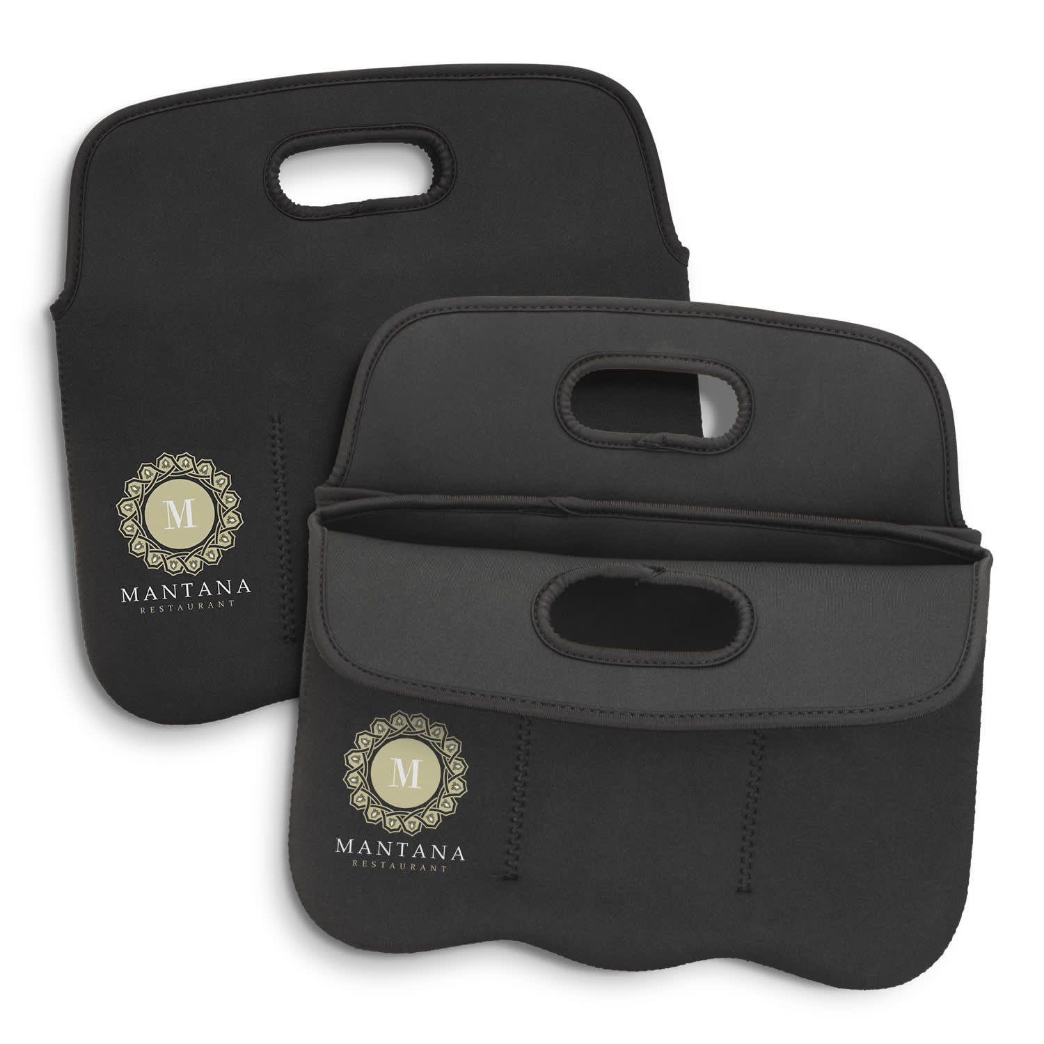A neoprene stubby cooler bag in black, featuring two compartments and a logo on the front. Neoprene Stubby Cooler Bag - Image 1