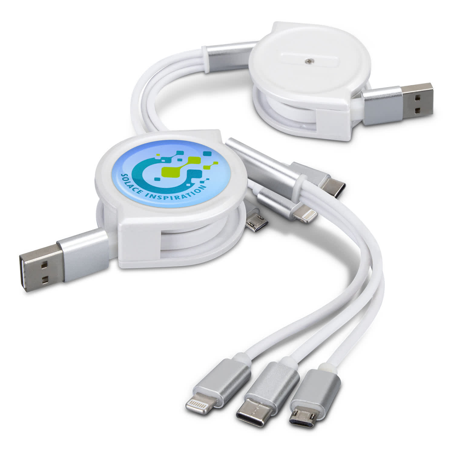 A retractable white charging cable featuring multiple connectors and a logo on the body. Volt Charging Cable - Image 1
