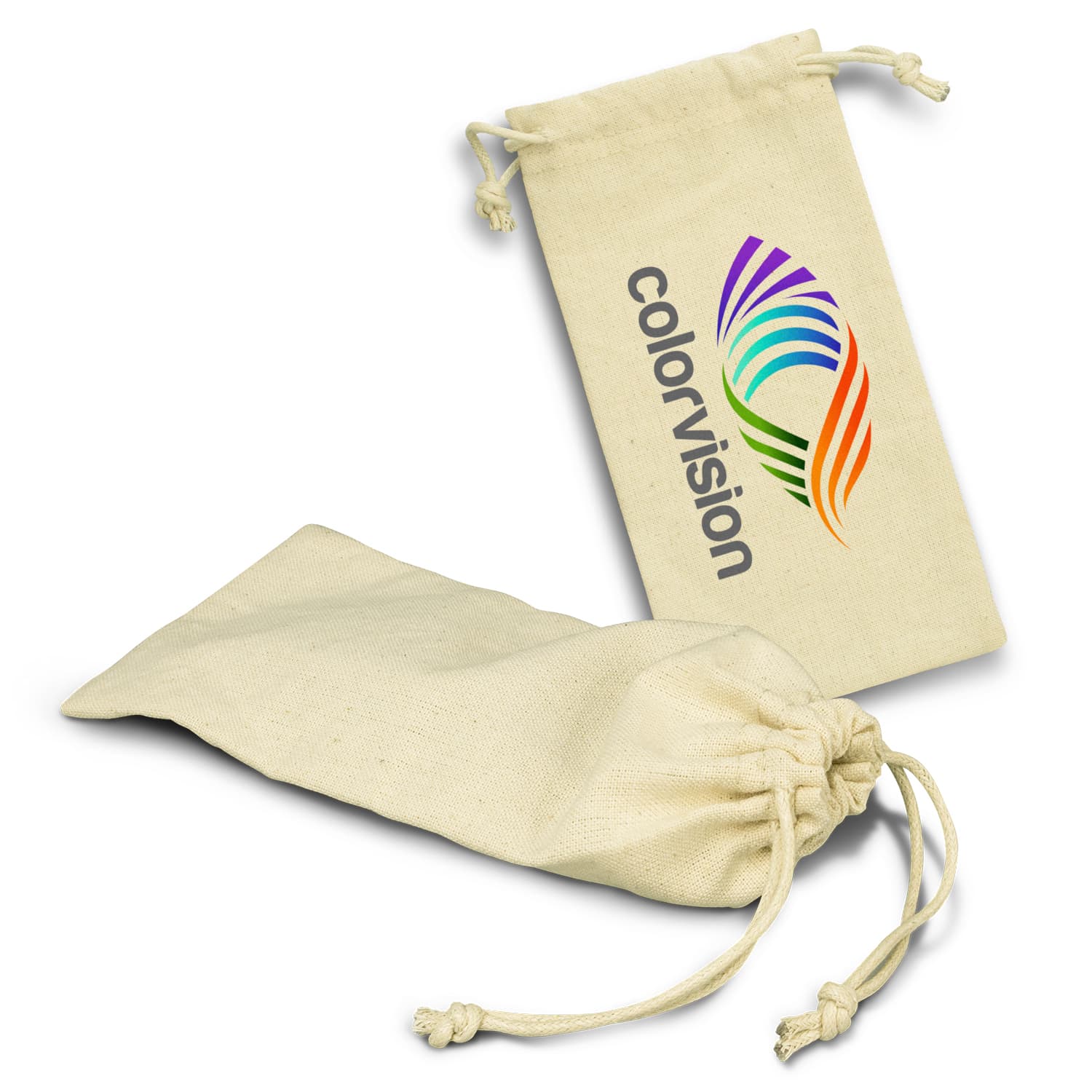 A cotton drawstring pouch in cream colour featuring a logo, ideal for storing sunglasses or small items. Cotton Sunglass Pouch - Image 1