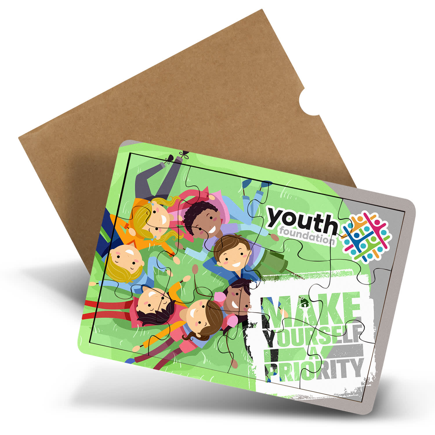 A wooden puzzle with 12 colourful pieces featuring illustrated children and a logo. Comes in a cardboard packaging. Wooden 12 Piece Puzzle - Image 1