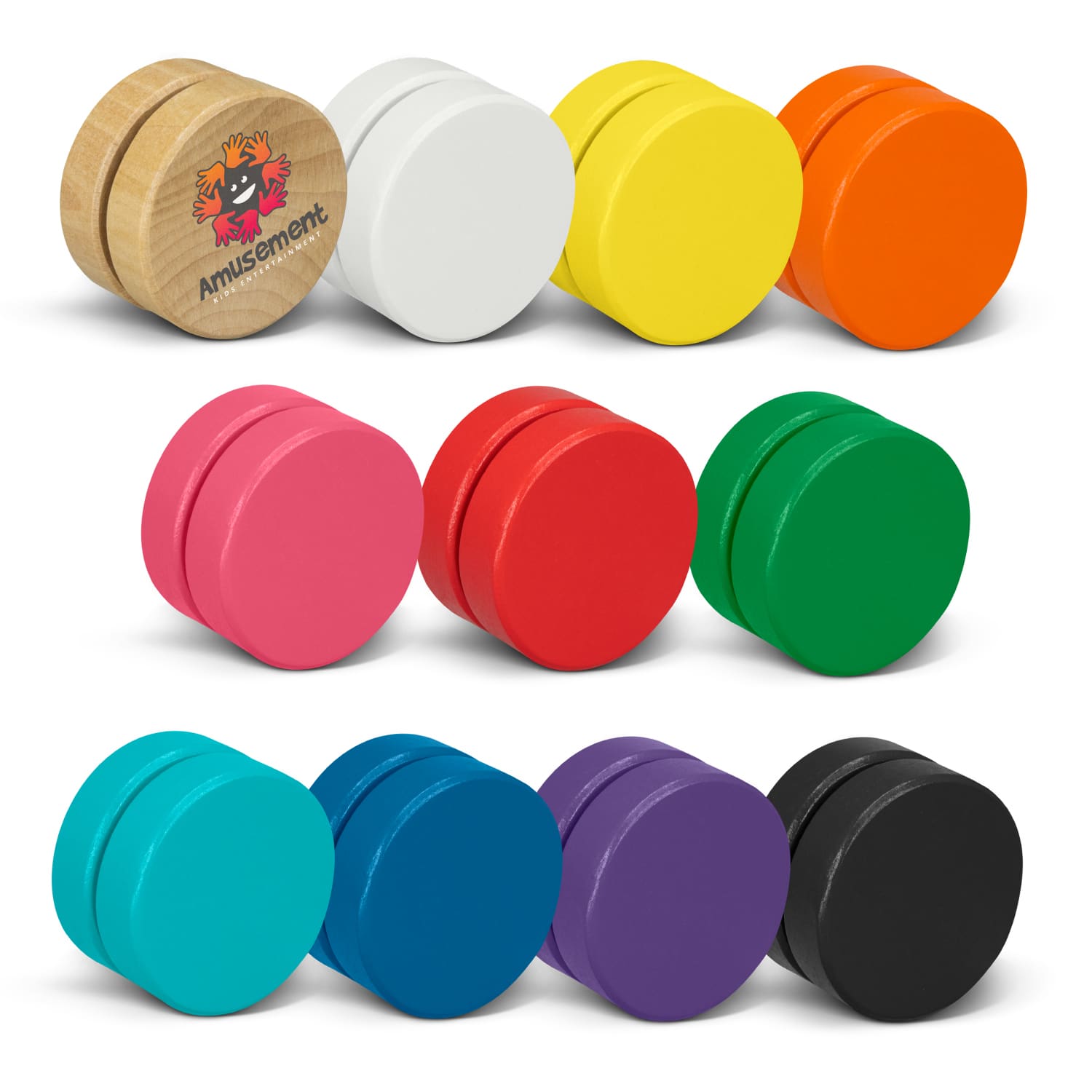 A collection of Jester Wooden Yoyos in various colours, including white, yellow, orange, pink, green, purple, and black. Jester Wooden Yoyo - Image 1