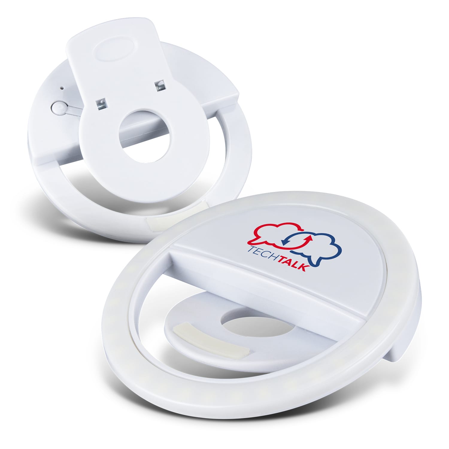 A white selfie phone light with a circular design, featuring a logo on the front and a clip for attachment. Selfie Phone Light - Image 1