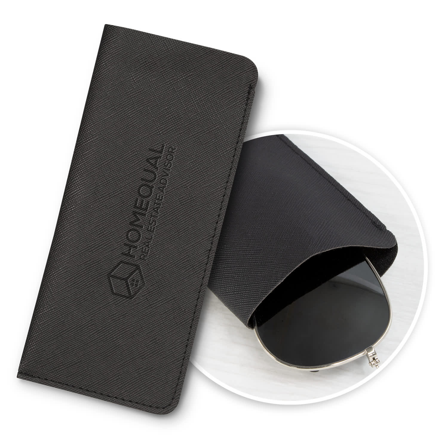 A black sunglasses pouch with a sleek design, featuring a logo on the surface. The pouch is partially open, revealing sunglasses. Essex Sunglass Pouch - Image 1