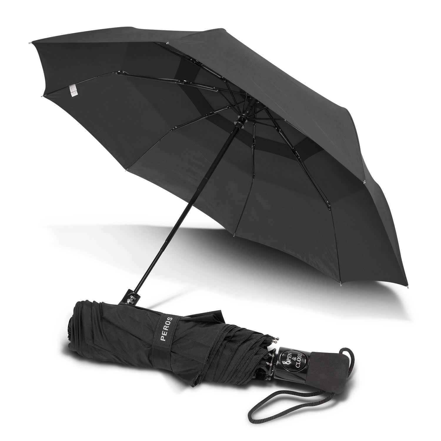 A black Metropolitan Umbrella, opened fully, with a folded version displayed next to it. It features a logo. Metropolitan Umbrella - Image 1