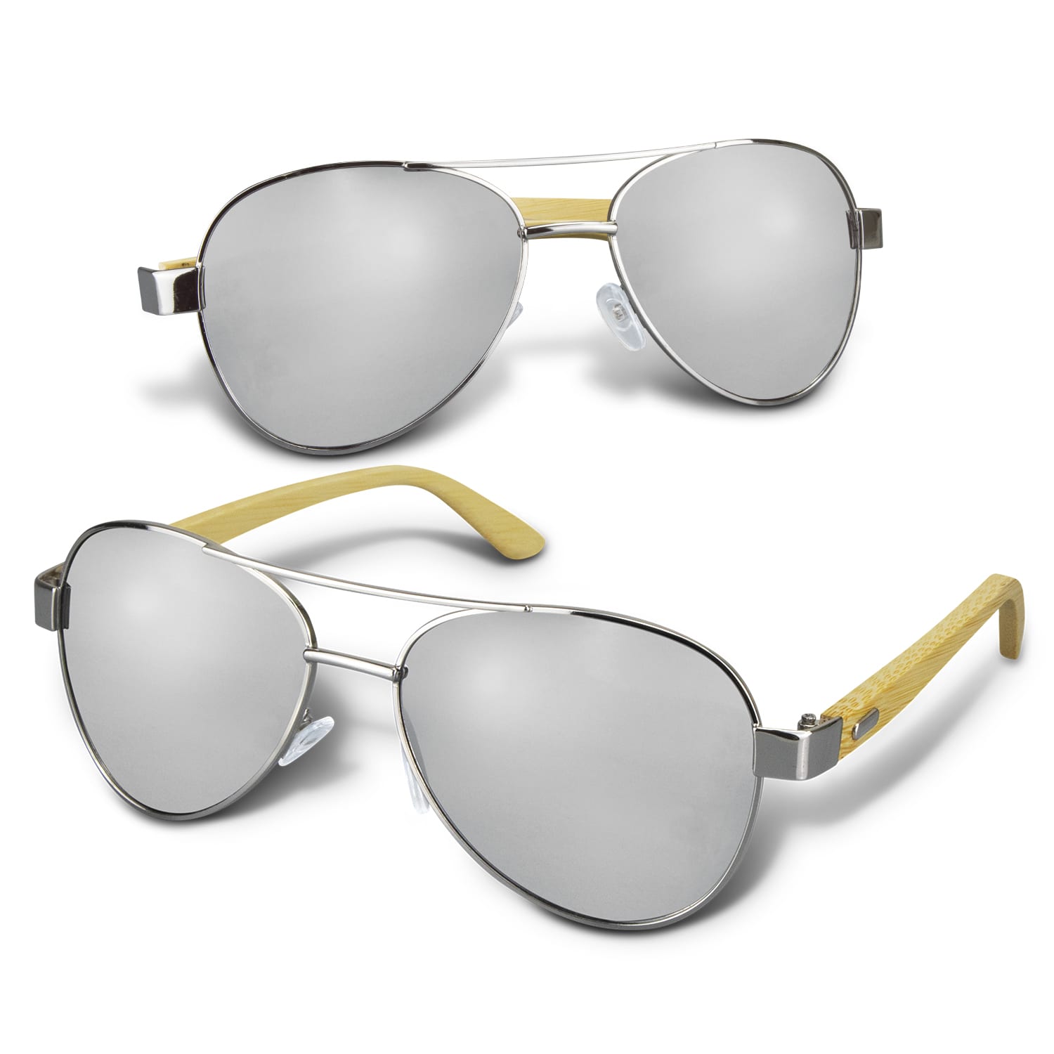 Aviator sunglasses with mirror lens and bamboo arms, featuring a stylish metallic frame. Aviator Mirror Lens Sunglasses - Bamboo - Image 1