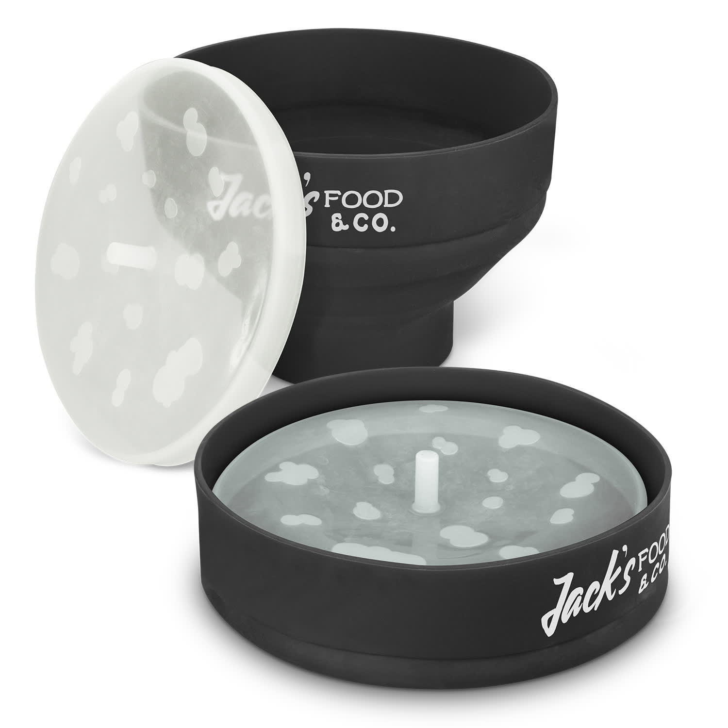 A black silicone microwave popcorn popper with a transparent lid, featuring a logo. Microwave Popcorn Popper - Image 1