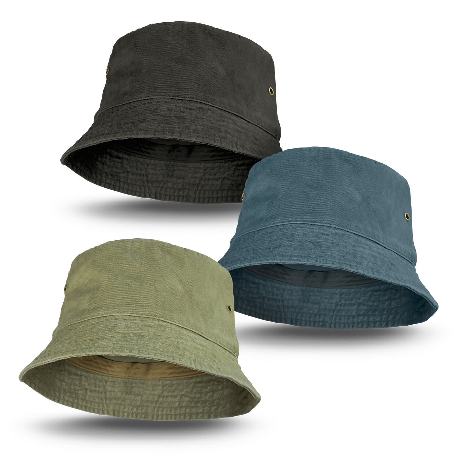 A collection of three faded bucket hats in olive green, blue-grey, and dark green, featuring brass eyelets. Faded Bucket Hat - Image 1