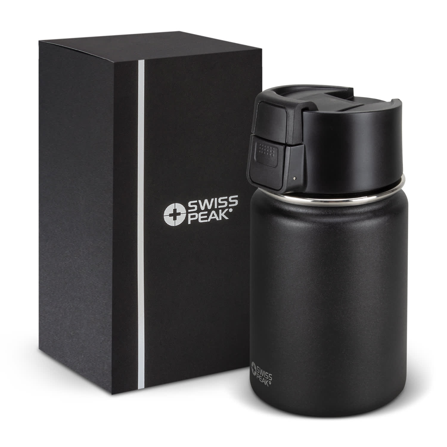 A drink bottle in matte black with a lid, beside a black box featuring a logo. Swiss Peak Stealth Vacuum Cup - Image 1