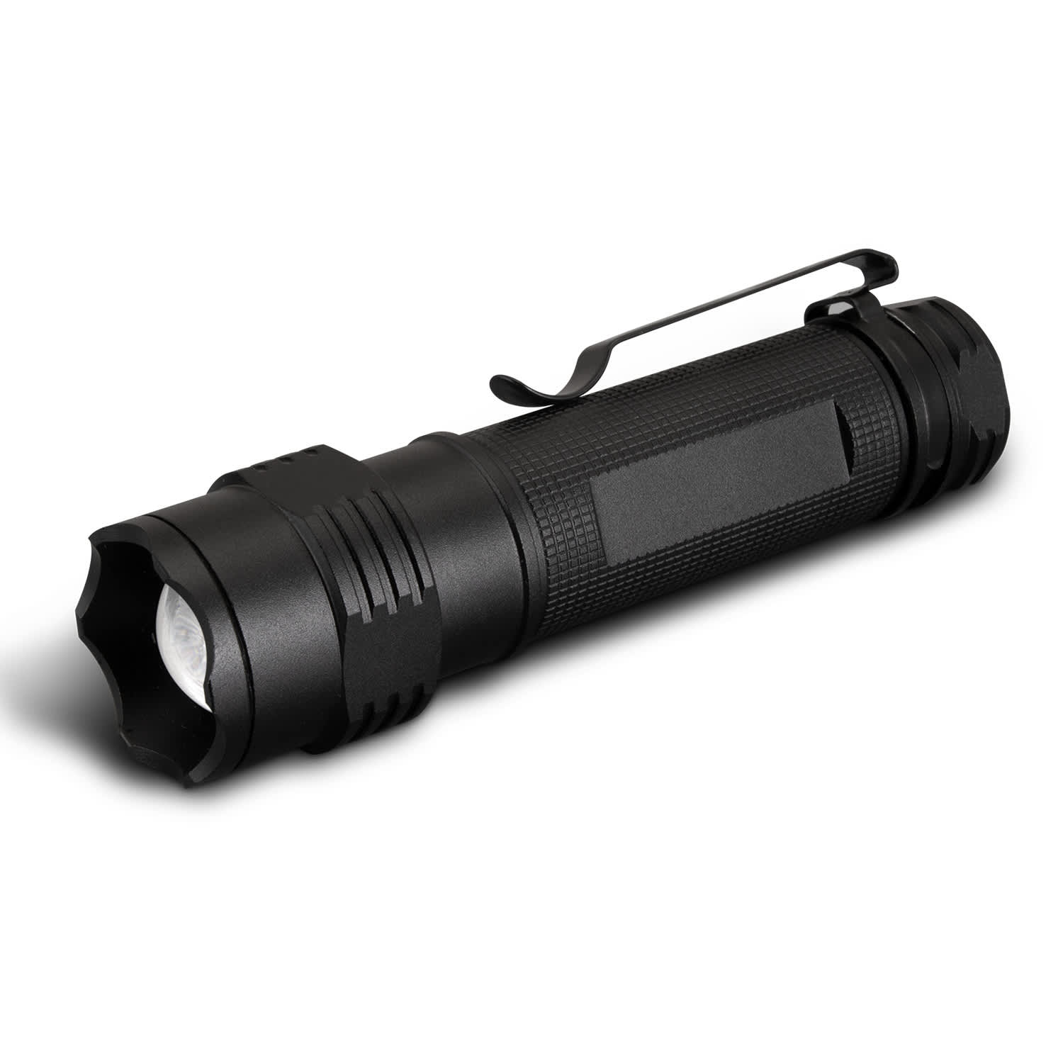 A sleek black torch with a textured grip, featuring a clip for easy attachment. It has a rounded head for focused light. Waitomo Torch - Image 1