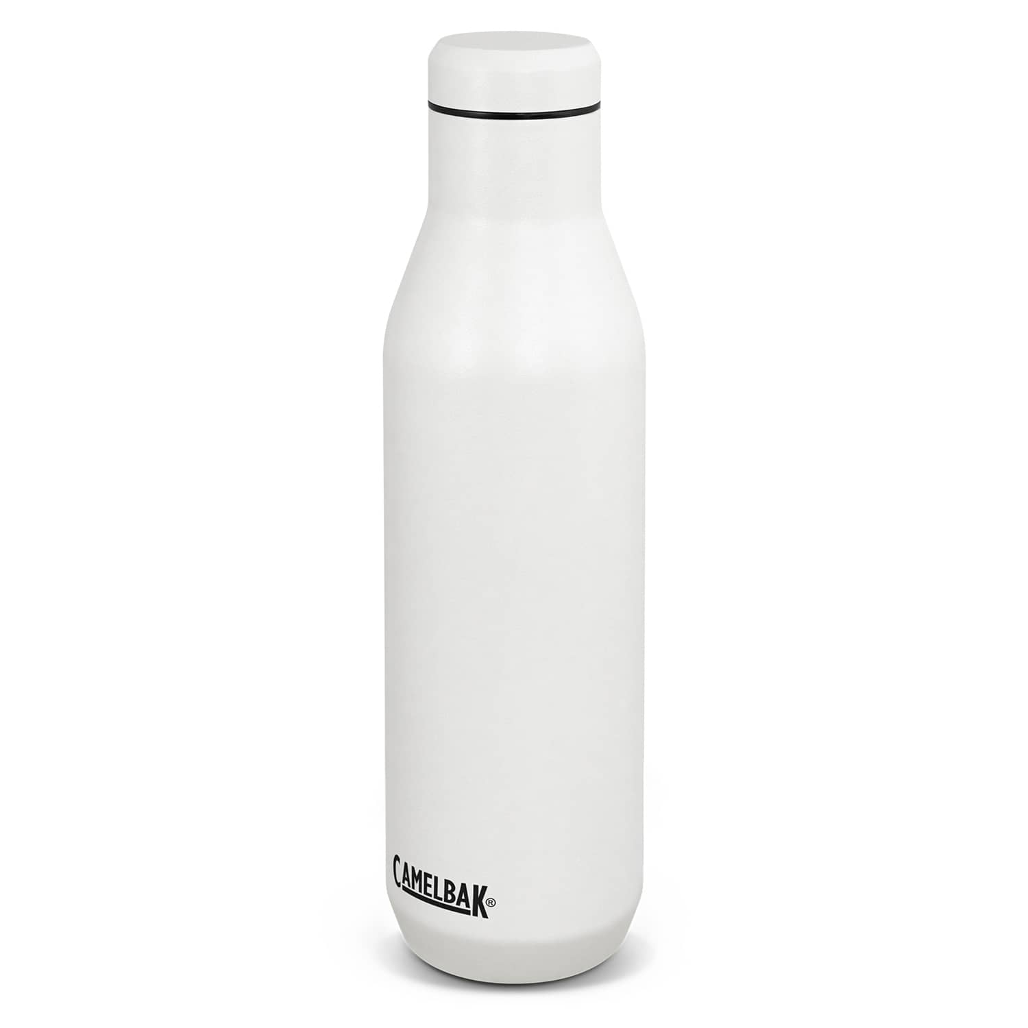 A drink bottle with a sleek white design, featuring a logo at the base. It holds 750ml. CamelBak Horizon Vacuum Bottle - 750ml - Image 1