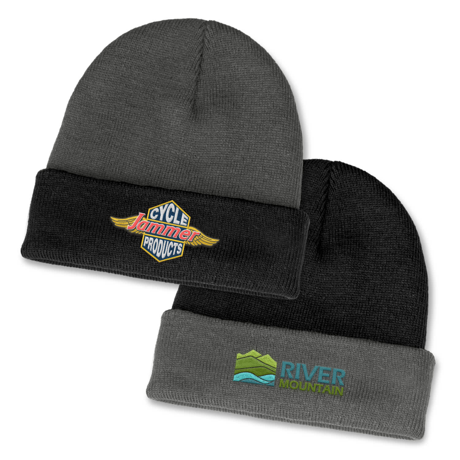 A two-toned beanie featuring a grey body and black cuff, with logos on both sides. Everest Two Toned Beanie - Image 1