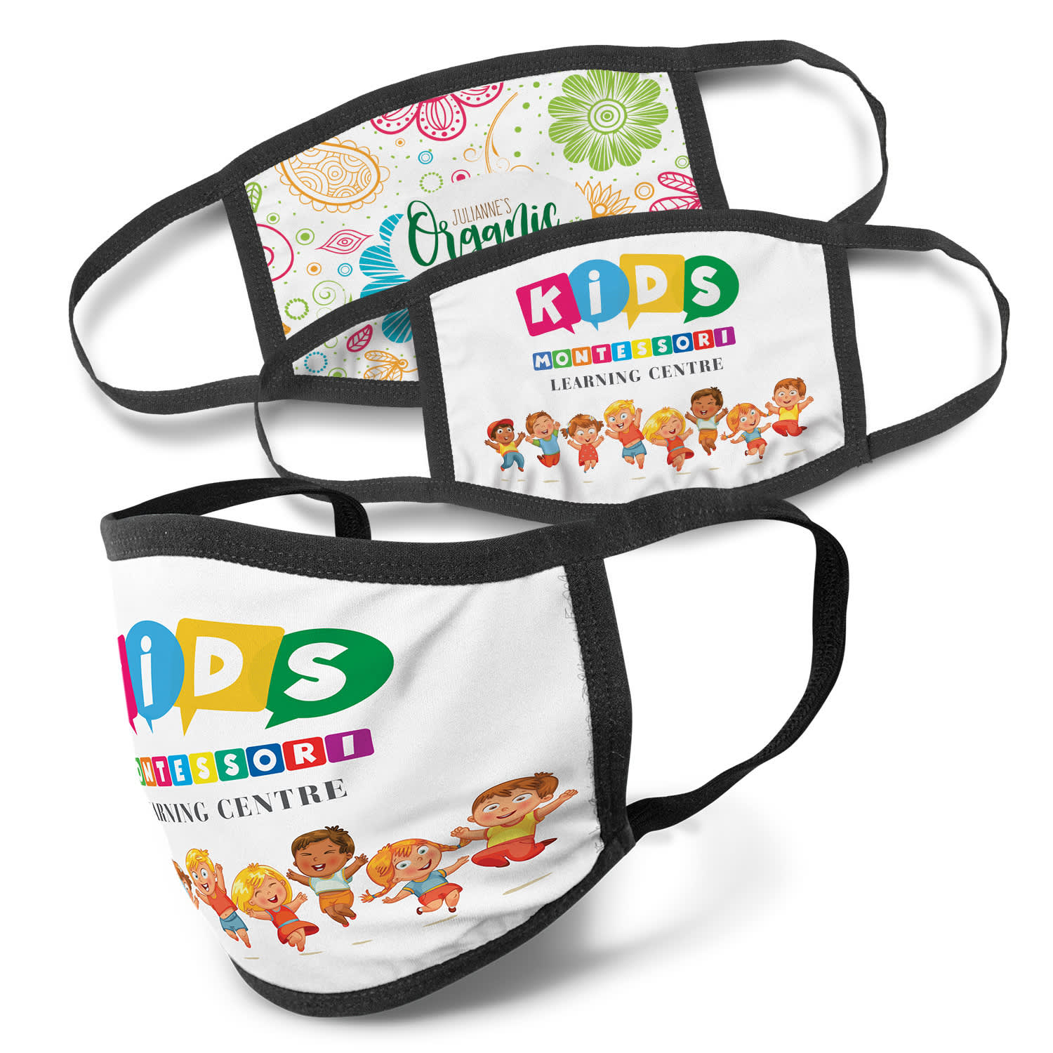 A set of three reusable face masks featuring colourful designs and elastic straps. Each mask has a logo. Full Colour 3-Ply Reusable Face Mask - Indent - Image 1