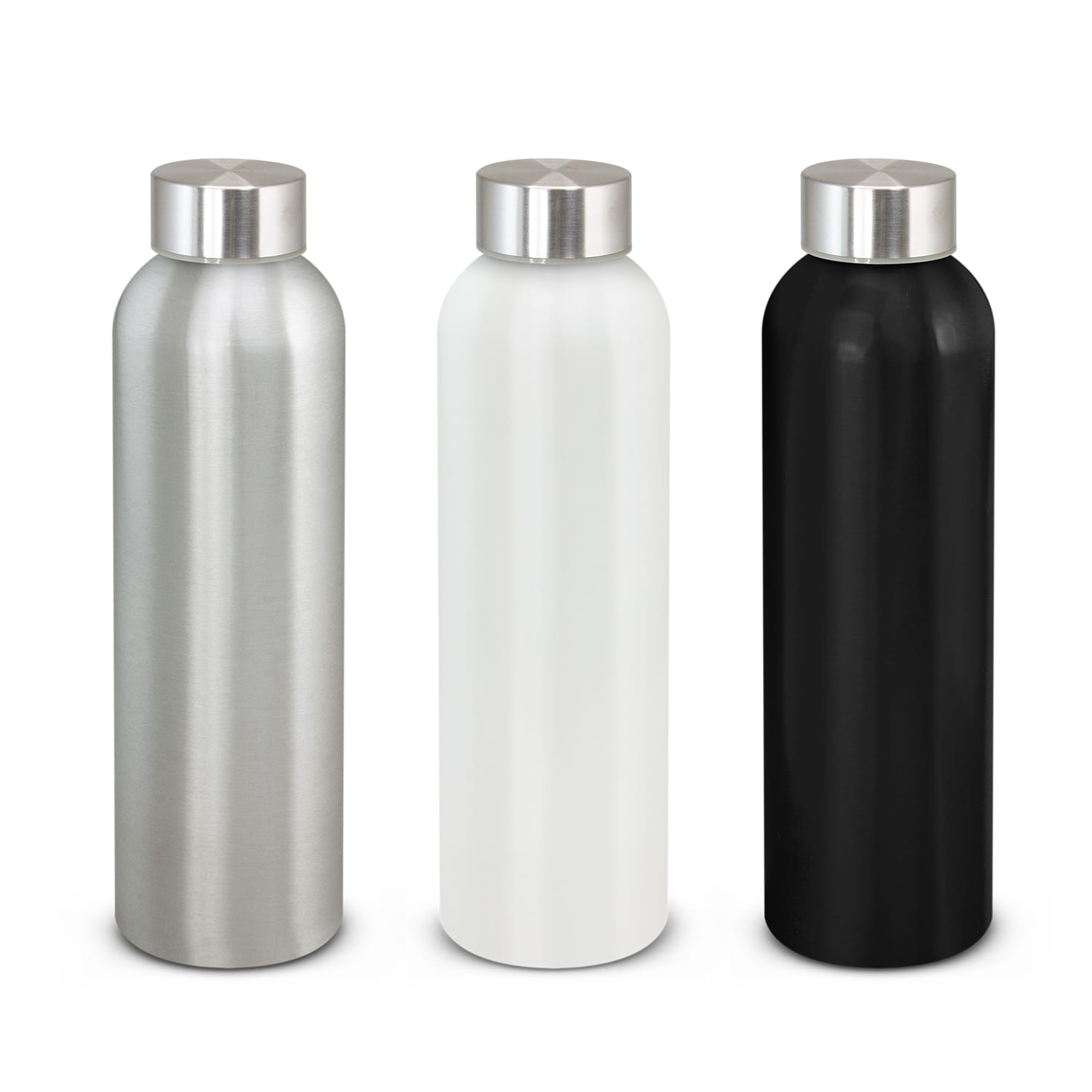 A drink bottle trio featuring aluminium in silver, white, and black, each with a stainless steel cap and a logo. Venus Aluminium Bottle - Image 1
