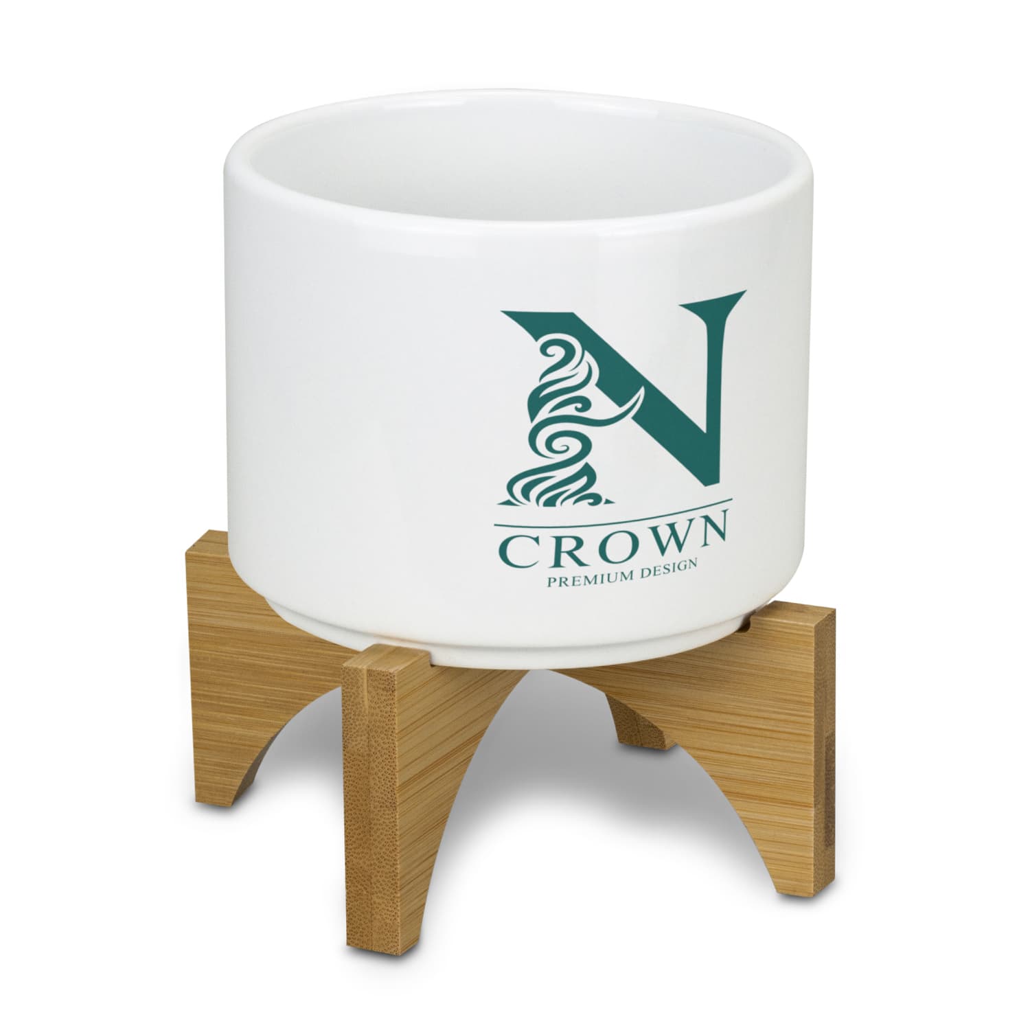 A white planter with a bamboo base, featuring a logo design. Planter with Bamboo Base - Image 1