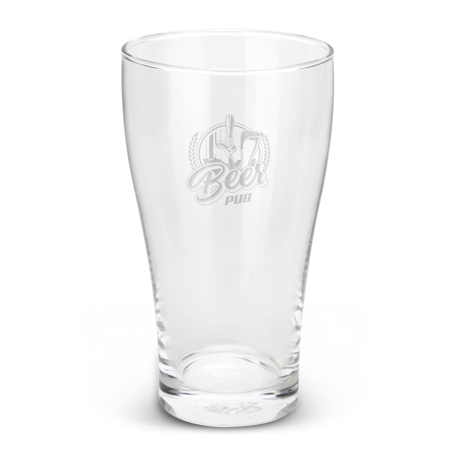 A clear glass schooner beer glass with an etched design and a branded logo at the top. Schooner Beer Glass - Image 1