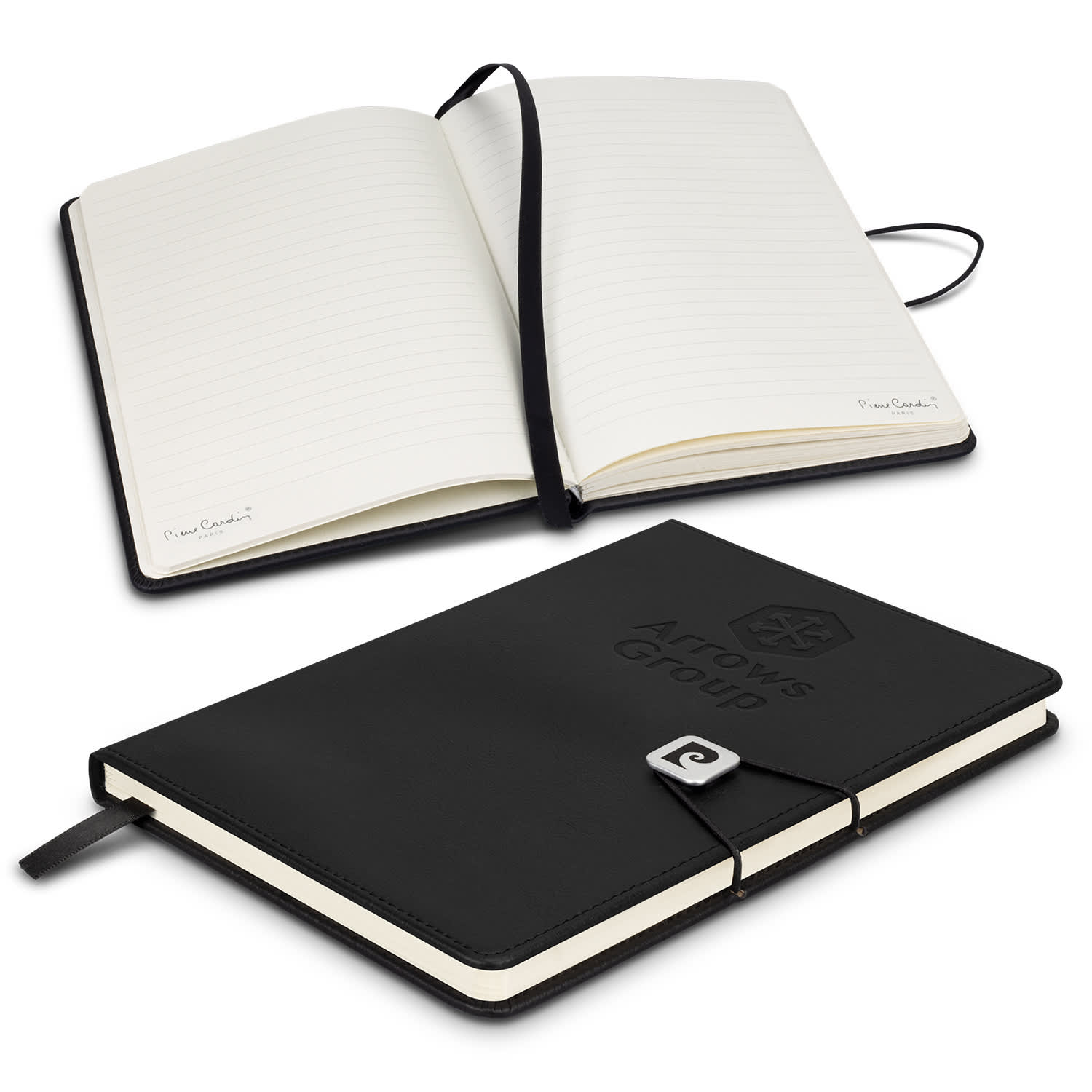 A black Pierre Cardin Biarritz notebook with an open and closed view, featuring lined pages and a logo. Pierre Cardin Biarritz Notebook - Image 1
