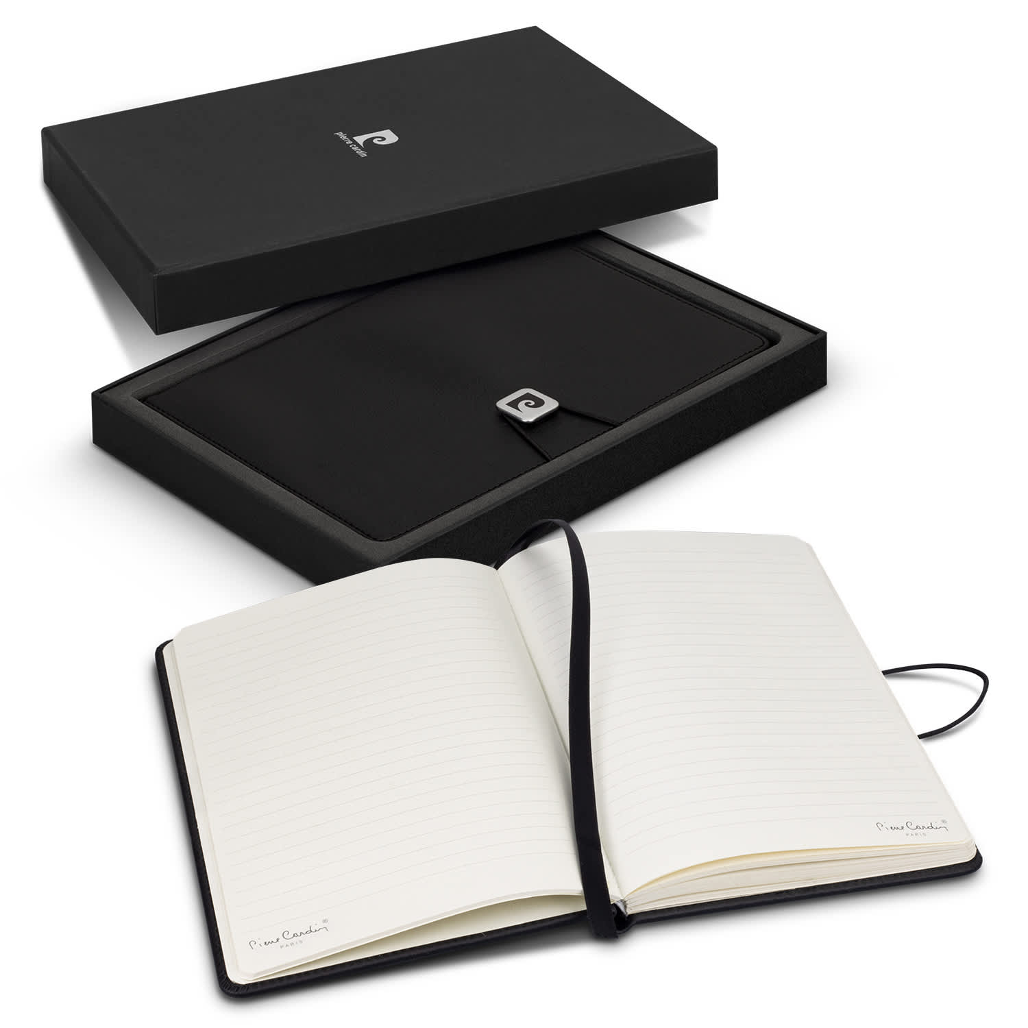 A black gift box containing an open notebook with lined pages and a logo on the cover. Pierre Cardin Biarritz Notebook Gift Set - Image 1