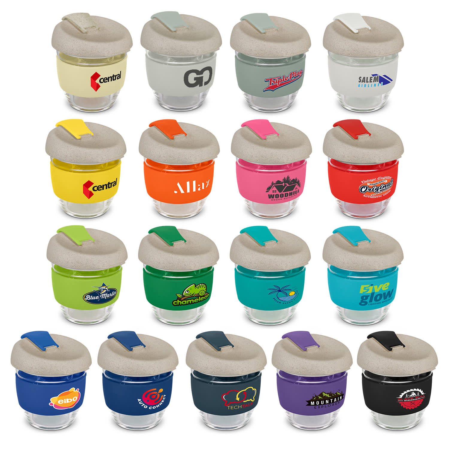 A drink bottle collection featuring various coloured silicone sleeves and clear glass bodies, each with a lid. Stellar Cup Natural - 250ml - Image 1