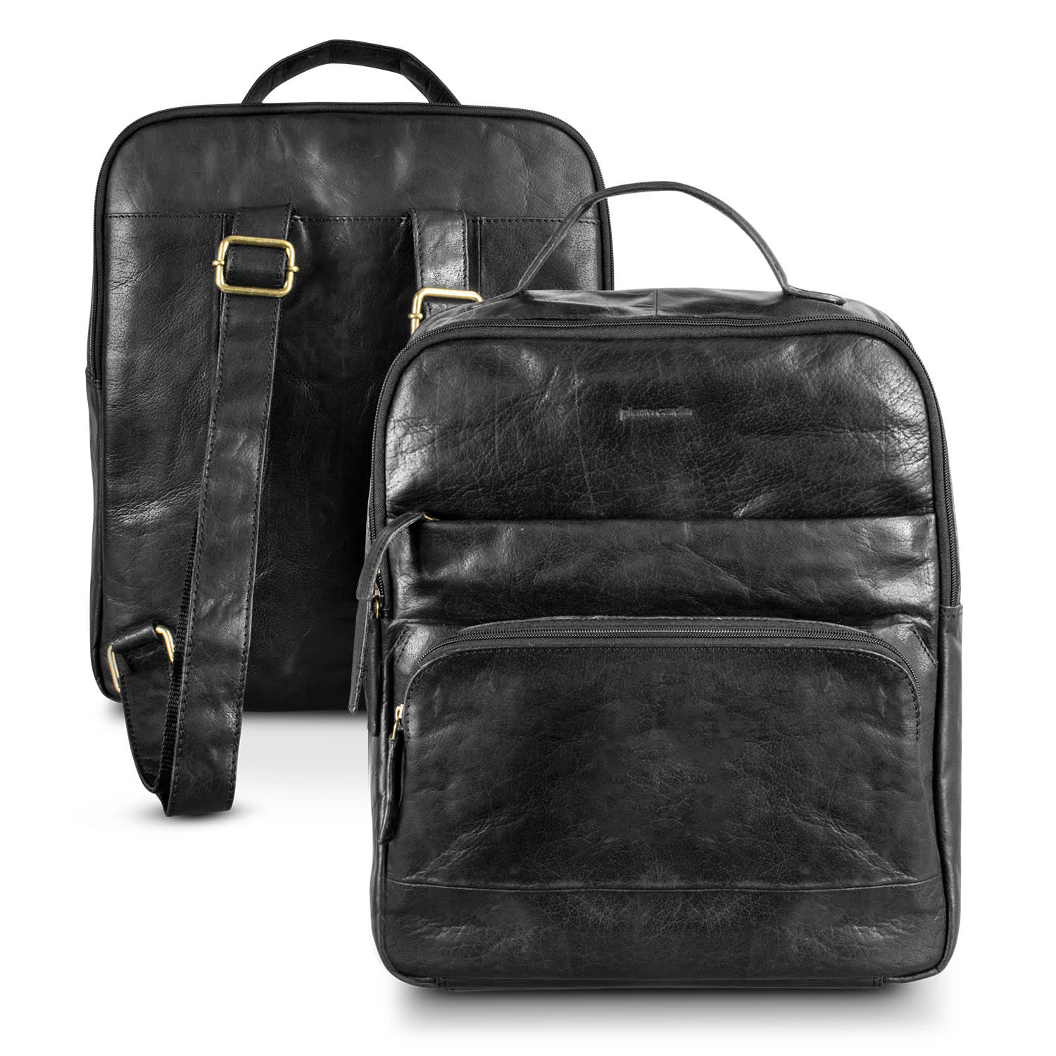 A black leather backpack featuring adjustable straps, multiple compartments, and a top handle, with a logo on it. Pierre Cardin Leather Backpack - Image 1