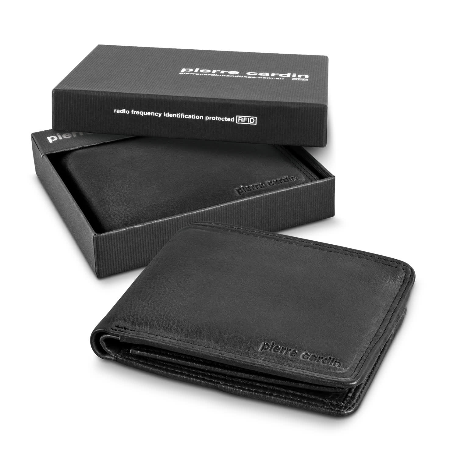 A black leather wallet in an open position, placed inside a black box. The wallet features a branding logo. Pierre Cardin Leather Wallet - Image 1