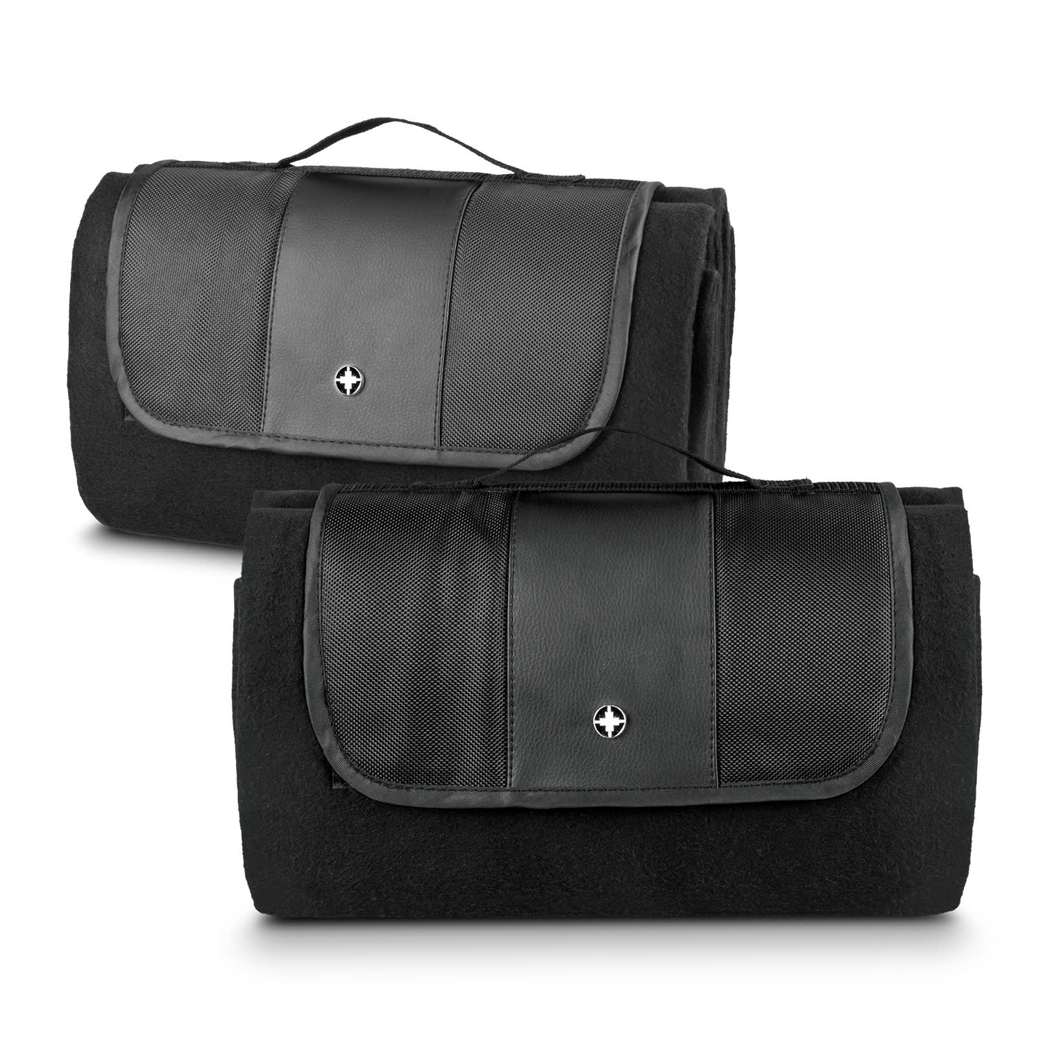 A black picnic blanket with a foldable design and a leather-like flap, featuring a logo on the front. Swiss Peak Picnic Blanket - Image 1