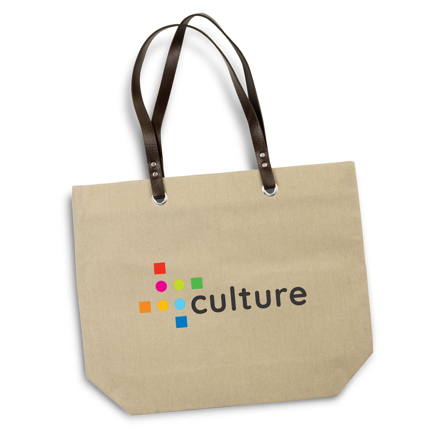 A beige tote bag with brown straps, featuring a logo in multicoloured dots and the word "culture." Wanaka Tote Bag - Image 1