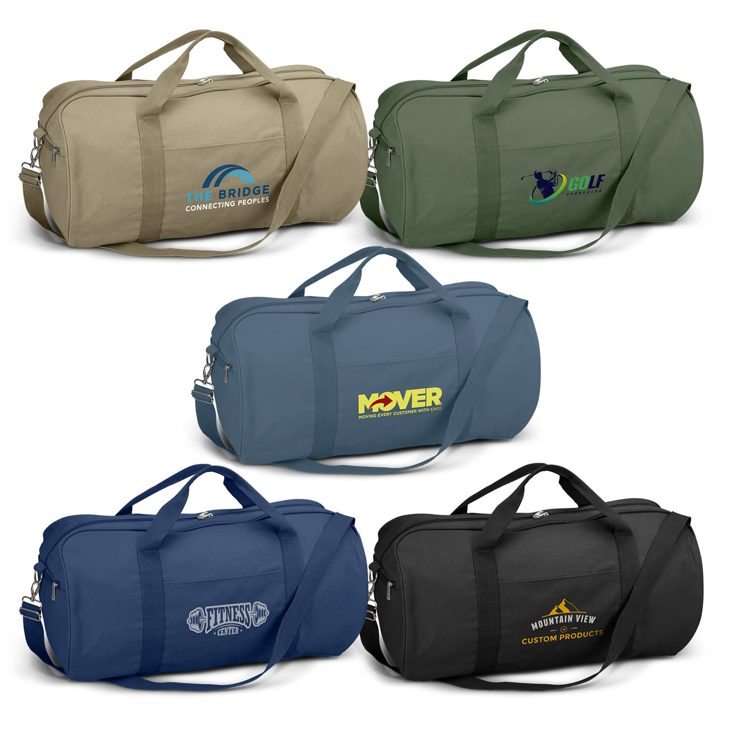 Five canvas duffle bags in various colours: olive green, dark green, navy blue, bright blue, and black, each with a logo. Canvas Duffle Bag - Image 1