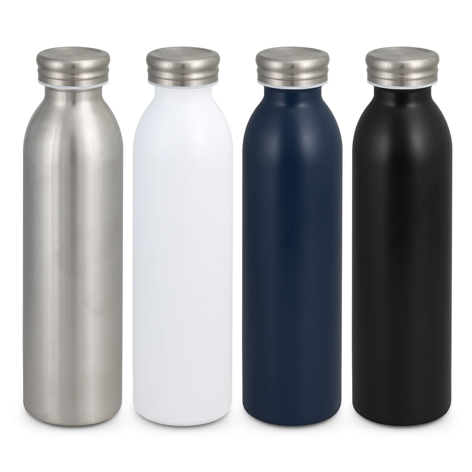 A drink bottle collection featuring stainless steel, white, navy, and black colours, each with a metal cap and a logo. Vanguard Vacuum Bottle - Image 1